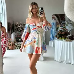 Mini vestido feminino estampado fora do ombro, manga de lanterna, patchwork, sem costas, vestidos ocos, streetwear de festa, verão, 2024 - loja online