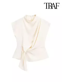 Traf-blusas femininas com gravata borboleta, manga curta, zíper traseiro, tops chiques, moda - comprar online