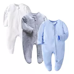 Pijamas para recém-nascidos com zíper, macacão de manga comprida para meninos e meninas, algodão sólido branco, moda de 0 a 12 meses, roupas de bebê