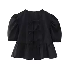 TRAFZA-Feminina Hollow Out O-Neck manga curta com renda por cima, blusa casual, streetwear chique feminino, camisa sólida da moda, 2024 na internet
