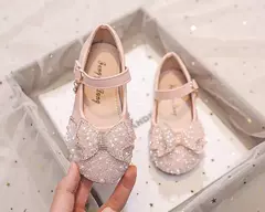 Salto liso da menina com arco pérola e strass, sapatos princesa para crianças, moda, outono