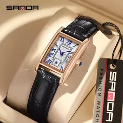 SANDA-relógio de couro com mostrador retangular para mulheres, marca superior, design de moda, design elegante, resistente à água, quartzo, movimento, vestido de negócios, novo, quente - loja online