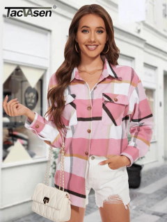 TACVASEN-Casual flanela xadrez camisas para as mulheres, manga comprida, botão para baixo, caminhadas ao ar livre blusa, 2 bolsos no peito, soltas ajuste algodão tops na internet
