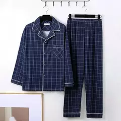 Conjunto de pijama de seda leite confortável masculino, loungewear elegante, estampa xadrez listrada, lapela combinando cores, pijama longo de peito único, outono e inverno - comprar online