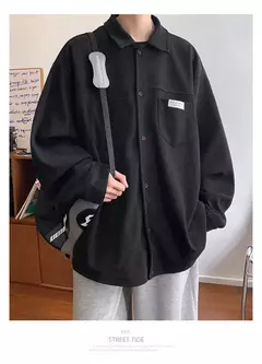 Jaqueta masculina casual de veludo, camisa manga longa, streetwear solta com bolsos, botão pesado para baixo, outono - Wolf Magazine