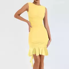 Elegante vestido de festa com borda de lótus, bodycon sem mangas, plissado, plissado, gola redonda, mini, verão, sexy, 2022 - comprar online