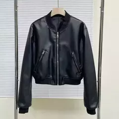 Jaqueta de couro PU feminina, casaco PU, mangas compridas, jaqueta solta, couro gradiente, gola redonda, zíper, locomotiva, curta, lavada na internet