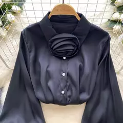 Imagem do Elegante cetim tridimensional flor manga longa lapela blusa chique vintage moda colheita topo feminino camisas de outono roupas