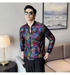 Jaqueta masculina de manga comprida cor arco-íris, casaco xadrez fashion com gola de beisebol, boate muito tempo/desempenho de palco, tamanho asiático M-5XL