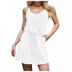 Vestido de praia feminino com cordão de cintura alta, roupa de banho, moda verão, sem mangas, biquíni monocromático - loja online