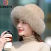 Chapéu de pele de vison genuíno para mulheres Boné de malha natural Gorros luxuosos Headwear de malha artesanal Pele de raposa real, moda inverno quente, nova