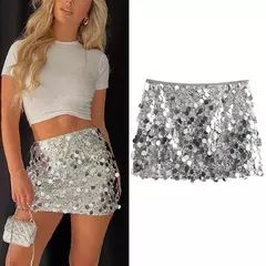 TRAF-minissaia de lantejoulas prateadas para mulheres, cintura alta, brilho brilhante, saias curtas elegantes, moda Y2K, 2024 - comprar online
