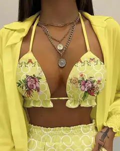 Fato de banho feminino de três peças, moda praia sexy, biquíni de cintura alta, maiô estampado, shorts para cobrir, moda praia de verão, novo 2024 na internet