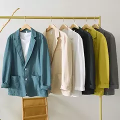 Fatos safari de algodão e linho masculinos, blazers monocromáticos, jaquetas casuais oversize, roupas de primavera, novos na internet