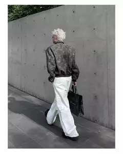 Jaqueta de couro PU recortada masculina, colarinho virado para baixo na moda, cor gradiente, casaco retrô com zíper, outwear de motocicleta masculina, primavera na internet