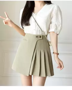 Mini saia plissada linha A de cintura alta feminina, saia curta feminina, moda coreana, fofa, botão, casual, primavera, verão, novo, 2022 - Wolf Magazine