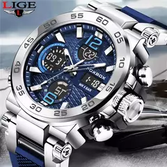 LIGE-Relógio de pulso impermeável LCD Dual Display masculino, relógios esportivos, despertador, militar, quartzo, novo, 50m - comprar online