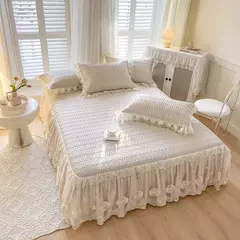 Colcha de verão chique látex na cama, saia de renda, tampa de cama dupla, colchão de dormir, lavável, macio com 2 fronhas