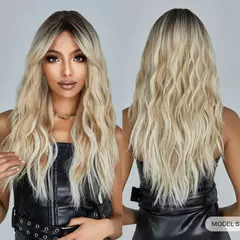 Imagem do Peruca sintética loira marrom clara com raízes escuras, cabelo longo ondulado com franja para mulheres, cosplay diário, resistente ao calor