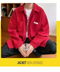Jaqueta masculina casual de veludo, camisa manga longa, streetwear solta com bolsos, botão pesado para baixo, outono