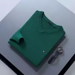 Camisola de cashmere manga comprida masculina com decote em v, pulôveres masculinos padrão, saltadores de tricô, roupas monocromáticas, venda quente - loja online