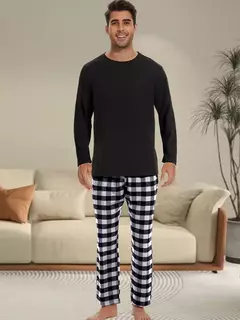 Conjunto de pijama xadrez solto masculino, tops casuais, Homewear - Wolf Magazine