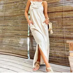 Vestido maxi solto sem mangas feminino, monocromático, halter de flores, festa elegante, streetwear, moda feminina, Novo, 3D, 2024