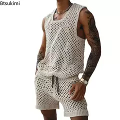 Conjunto masculino casual de duas peças de malha, tops soltos e shorts sólidos, terno esportivo de praia, streetwear oco, moda, verão, 2024 - Wolf Magazine