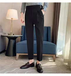 Imagem do Estilo britânico dos homens de cintura alta vestido casual calça masculina cinto design calças finas formal escritório social vestido de festa de casamento terno calças