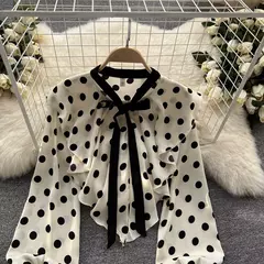 Vintage de bolinhas manga comprida plissado crop top feminino, t-shirt fina chique, camisa sexy casual fina, streetwear Harajuku, moda primavera na internet