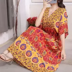 Flor colorida com decote em v elástico jovem boêmio doce midi vestido mulher roupas chique moda vestidos de verão 2025 grande balanço esqui na internet