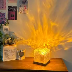 Projetor de ondulação de água rotativo dinâmico, luz noturna, 16 cores, lâmpada de cristal de chama para sala de estar, estudo, quarto, rotação dinâmica