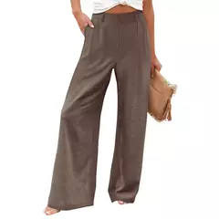 Calça larga de linho de algodão feminina, comprimento total, casual, monocromática, solta, cintura alta, reto, botão, verão - loja online