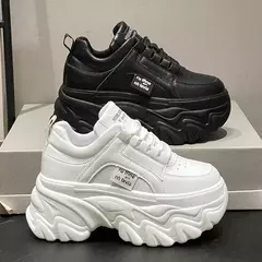 Rimocy-PU Leather Chunky Sneakers para mulheres, tênis de plataforma feminina, fundo grosso, branco, preto, sapatos para pais, moda, primavera, outono na internet