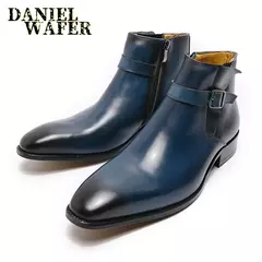 Bota clássica de couro real masculina, botas básicas azuis, sapato de vestido - Wolf Magazine