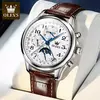 OLEVS-Relógio de pulso mecânico automático masculino, Moon Phase, Calendário, Impermeável, Aço inoxidável, Pulseira de couro, Original