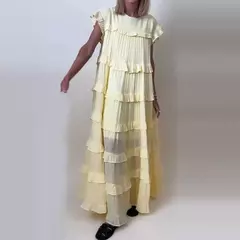 Vestido feminino plissado com babados de férias, vestido solto feminino casual com decote em O, manga curta, robe de cintura alta, nova moda verão na internet