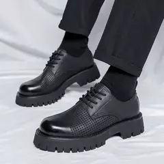Imagem do Plataforma de couro coreana Oxfords para homens, deslizamento, fundo grosso, sapatos masculinos de derby, mocassins casuais, dedo do pé quadrado, sapatos formais