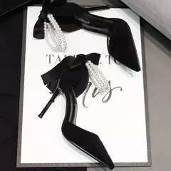 Bombas femininas com cordão e pérolas, salto alto nupcial, dedo apontado, sapatos de dança de festa, preto, design de marca, sexy, novo, verão, 2024 - Wolf Magazine