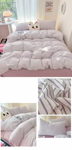Conjunto de cama simples Pink Stripe para adultos e crianças, lençol de algodão lavado, fronha, roupa de cama completa Queen, conjunto de capa de edredão, sem enchimento