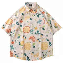 Desenhos animados havaianos com estampa solta masculina, camisa de rua, camisa diária de verão casual, tops de manga curta