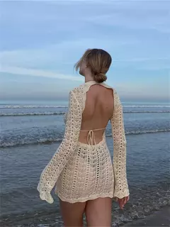 Imagem do Mini vestido de praia boho sem encosto para mulheres, manga comprida, gola redonda, oco, malha, coberturas de biquíni, férias de verão