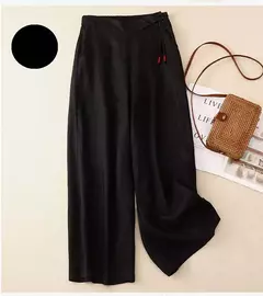 Imagem do Calça de perna larga feminina, cintura alta elástica, algodão e linho, calça casual, calça reta solta, retrô artística, amarela, verão