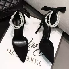 Bombas femininas com cordão e pérolas, salto alto nupcial, dedo apontado, sapatos de dança de festa, preto, design de marca, sexy, novo, verão, 2024 na internet