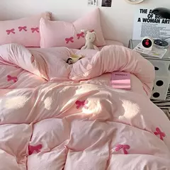 Cute Pink Bows Embroidery Duvet Cover Set, Conjuntos de cama 3D Confortável Rainha Consolador, capas macias para meninas, crianças, adolescentes - comprar online