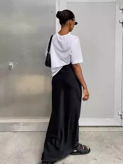 Imagem do Mulheres cetim saia trompete preta, cintura alta, fina, longa, monocromática, elegante, escritório, feminina, moda, primavera, verão