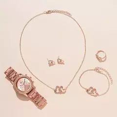 Relógio de luxo ouro rosa para mulheres, brinco colar anel, relógio de pulso strass, relógios casuais para senhoras, moda, 6 peças - loja online