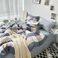 Conjunto de roupa de cama de algodão lavado, listrado, grade, lençol minimalista, consolador, capa de edredão rainha, duplo para meninos e meninas na internet