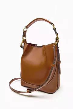 ZA Bolsa de Boca Plissada Marrom para Mulheres, Bolsa de Balde de Transporte, Al