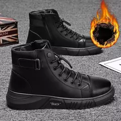 Imagem do Botas de tornozelo preto homens couro pu sapatos casuais para homens outono conforto plataforma botas de pele inverno botas de trabajo hombre